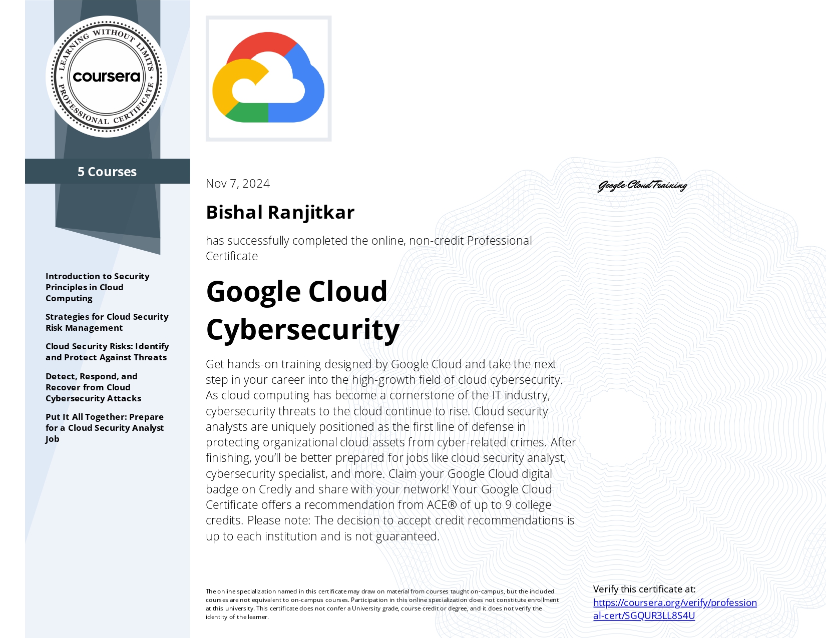 Google Cloud Cybersecurity Specialization Certificate