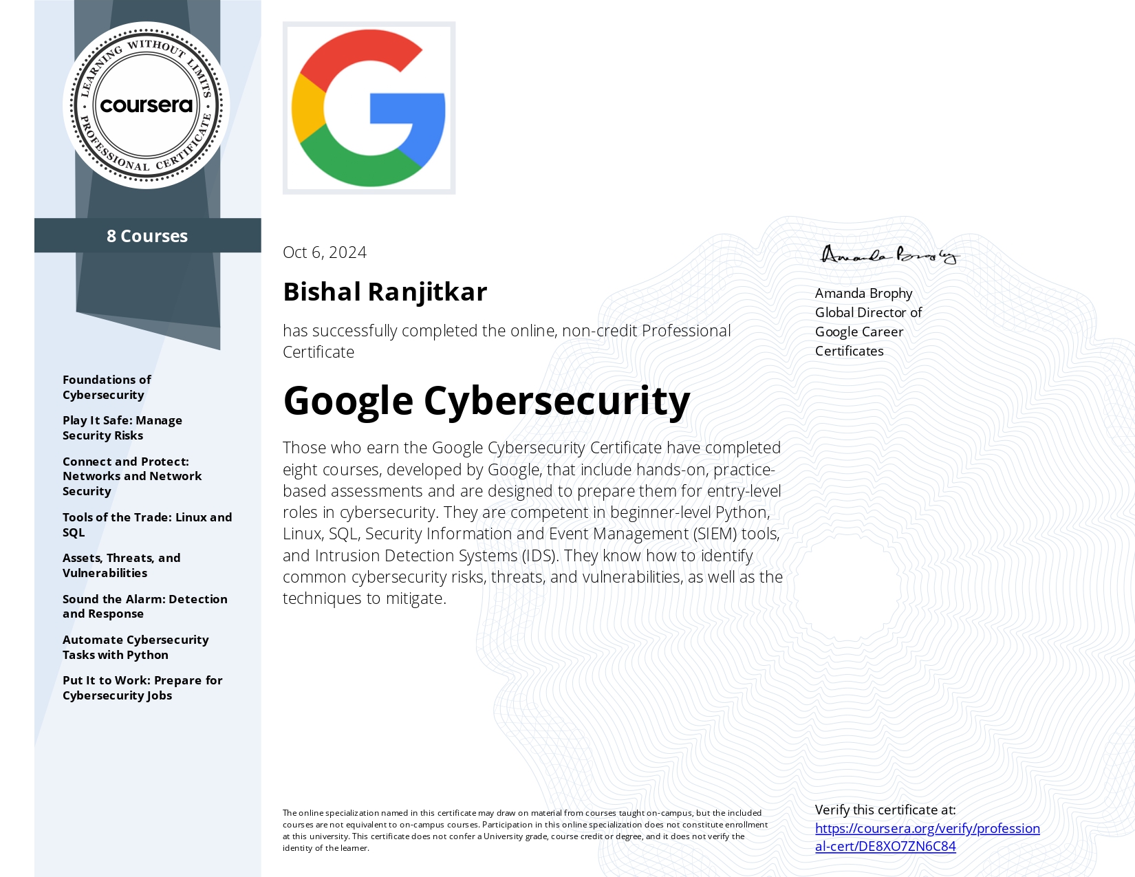 Google Cloud Cybersecurity Specialization Certificate