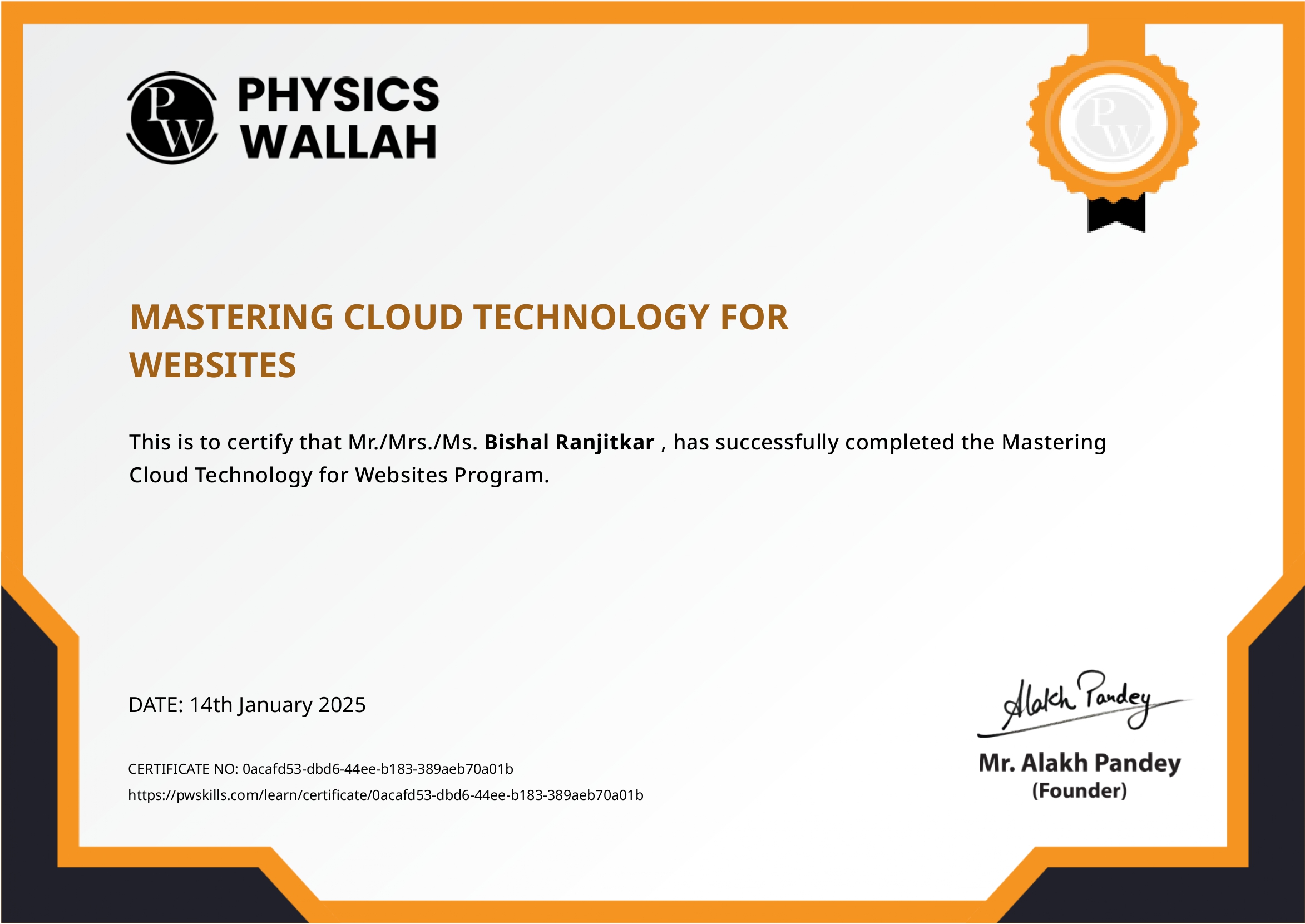 MASTERING CLOUD TECHNOLOGY FOR WEBSITES Certificate